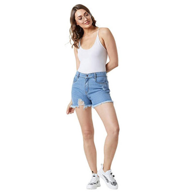 Women's Blue Relaxed Fit Distressed Mid Rise Ripped Fringed Shorts